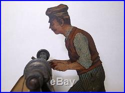 Antique Detailed Man Working on Machine. Lithorghed Tin for live steam engine. 20s