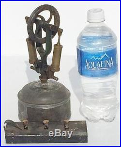EARLY Toy Steam Engine Parts Cast Iron Vertical Flywheel & Tin Alcohol Burner
