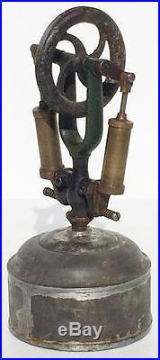 EARLY Toy Steam Engine Parts Cast Iron Vertical Flywheel & Tin Alcohol Burner