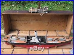 Gigantic Antique 29 Tin Steam Engine Powered Ship Toy Boat & Wooden Box