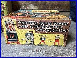 VINTAGE SUPER COOL MARX VERTICAL STEAM ENGINE WithTHREE OPERATIVE ACCESSORIES OB