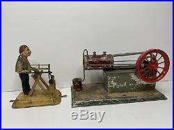 Vintage Fleischmann Tin Toy Windup Steam Engine and Tin Bucksaw