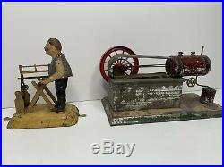Vintage Fleischmann Tin Toy Windup Steam Engine and Tin Bucksaw