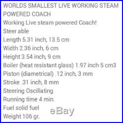 Worlds smallest production steerable live steam coach engine boiler Car toy